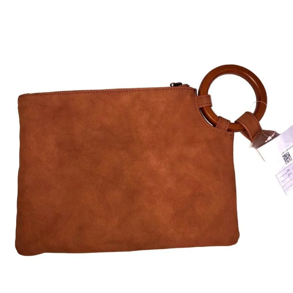 Wristlet Handbag Brown Gold Metallic Purse Vegan Leather Zip Top NEW